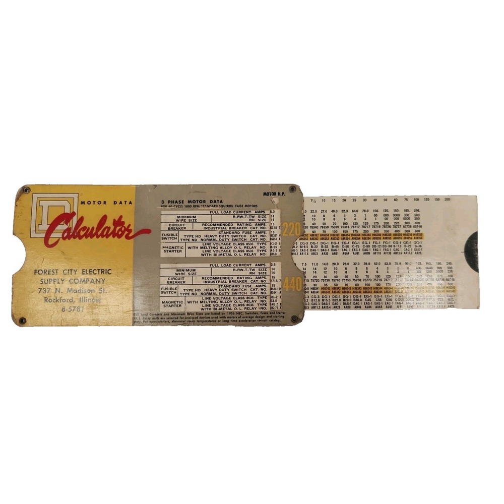 1957 Square D Motor Data Calculator Chart Pocket Slide Rule Reference Guide
